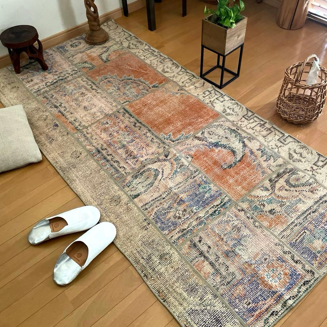 91×191優しいオレンジカラー　パッチワーク　トルコヴィンテージラグ