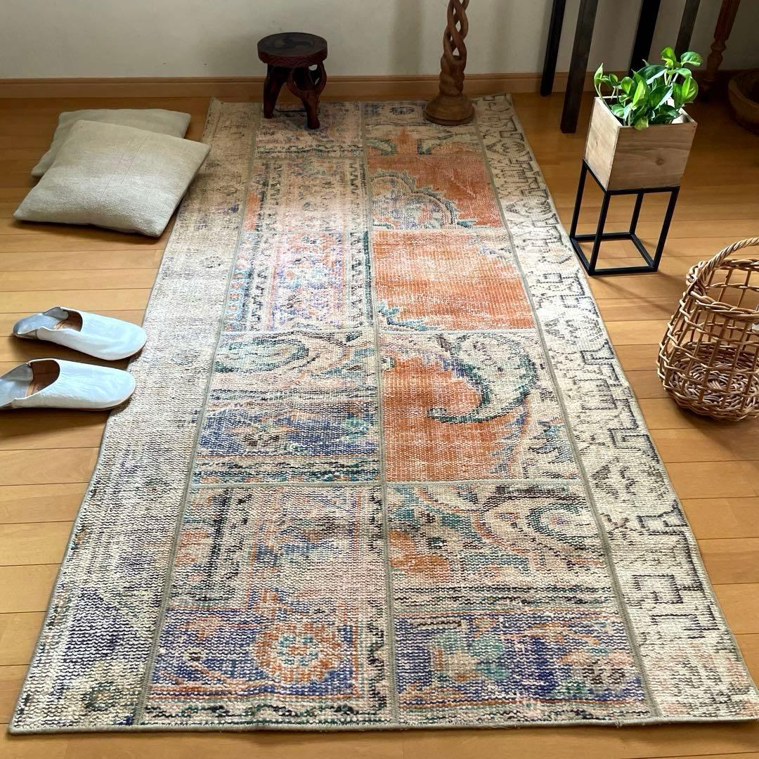91×191優しいオレンジカラー　パッチワーク　トルコヴィンテージラグ