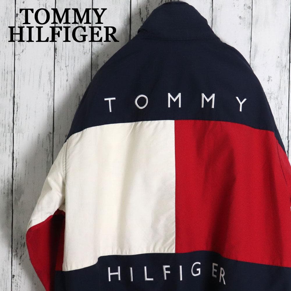 希少！９０s トミーヒルフィガー 背中ロゴ刺繍リバーシブルナイロンジャケット