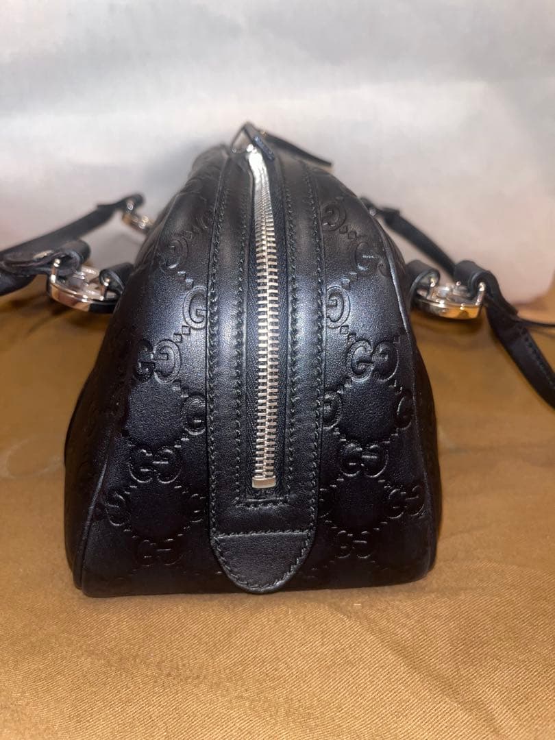 【美品】GUCCI グッチGGツインズ　ミニボストンバッグ　シマレザー ブラック