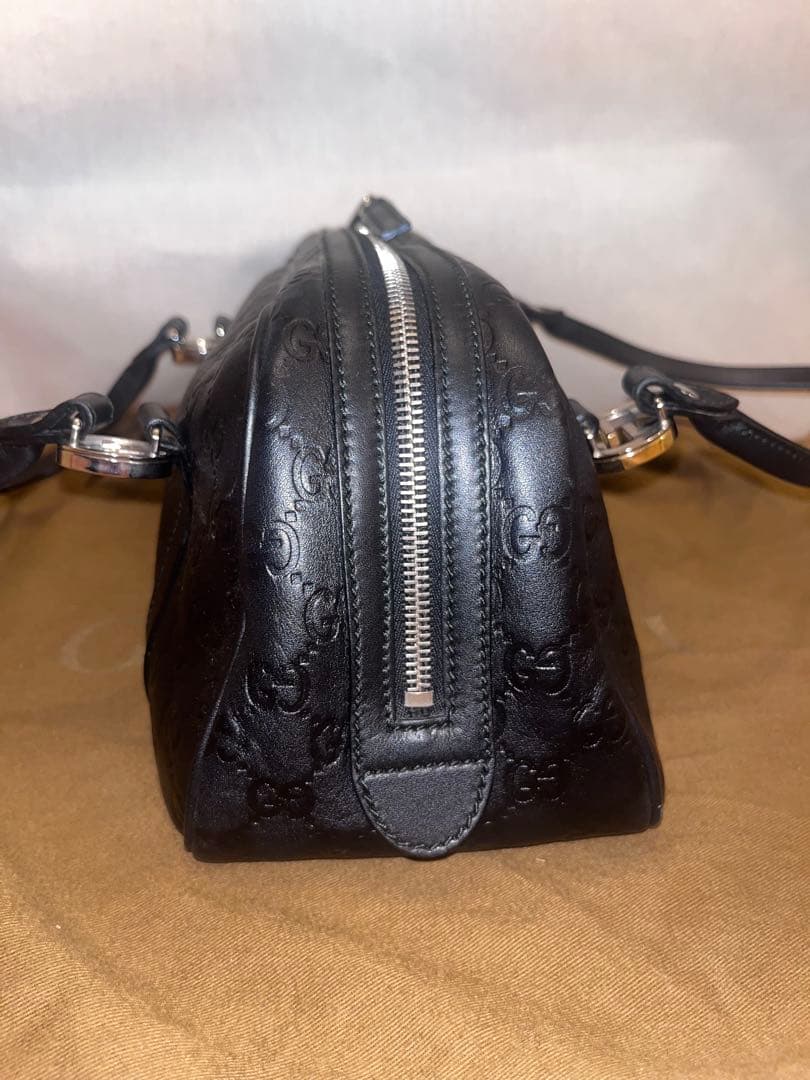 【美品】GUCCI グッチGGツインズ　ミニボストンバッグ　シマレザー ブラック