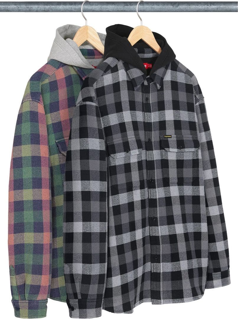 SUPREME Waffle Plaid Hooded Shirt M 黒