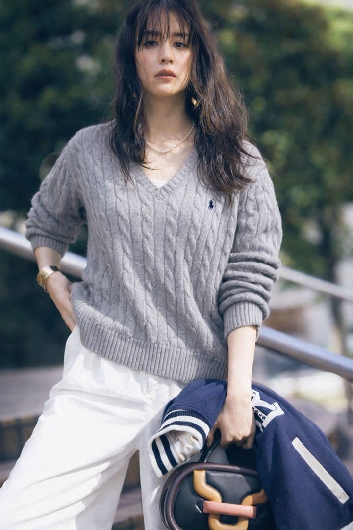 ラルフローレン Vネック ケーブルニット グレー Lサイズ