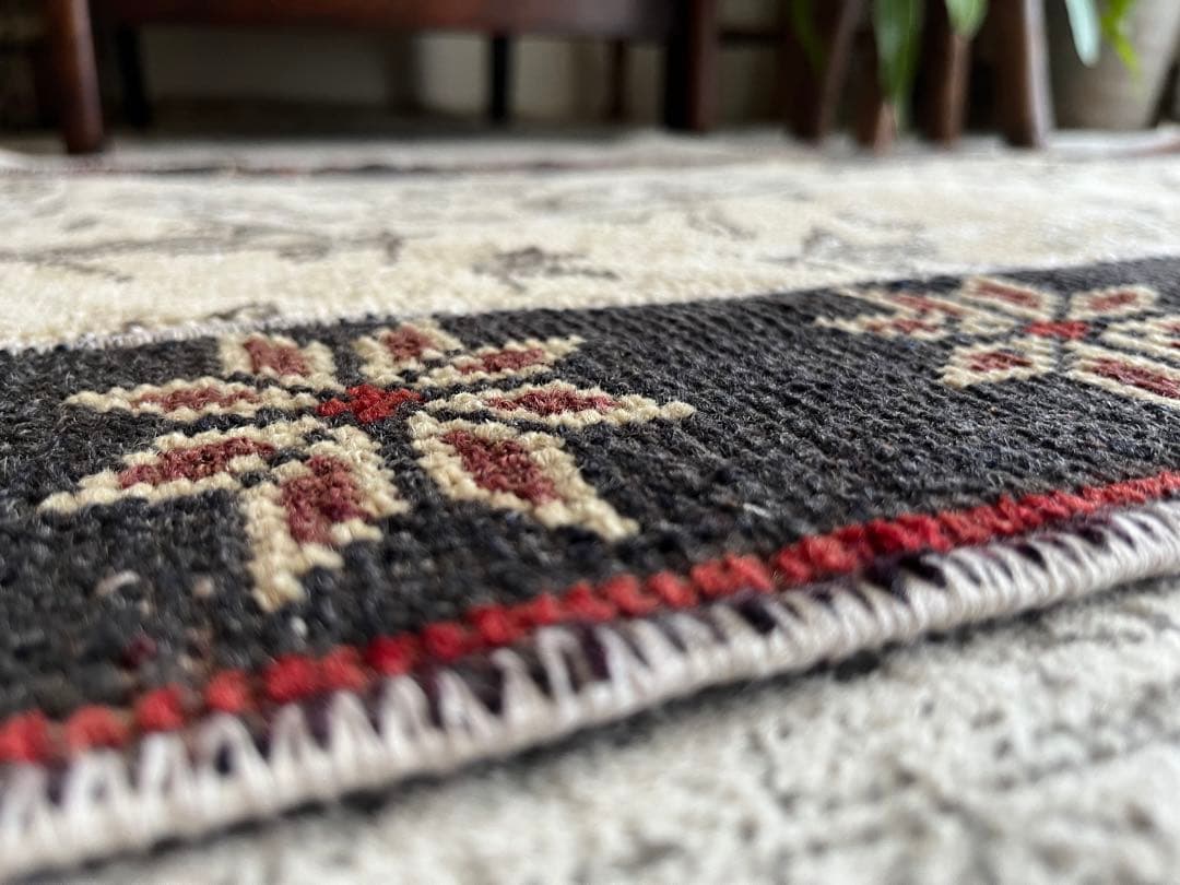 パッチワーク トルコヴィンテージラグ　深みネイビー×ベージュ　トルコラグ