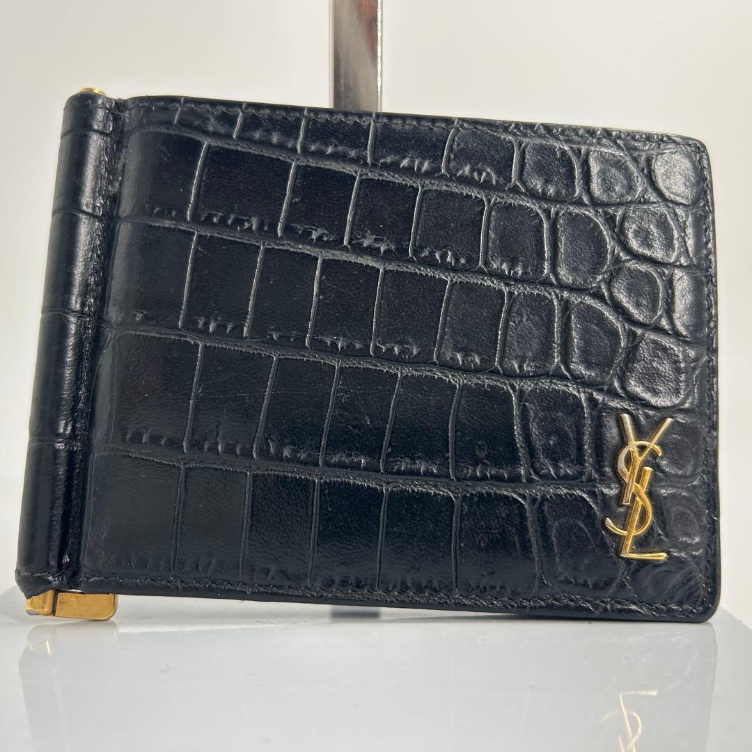 ✨極美品✨サンローラン　マネークリップ　二つ折り　クロコ　カサンドラ　ブラック