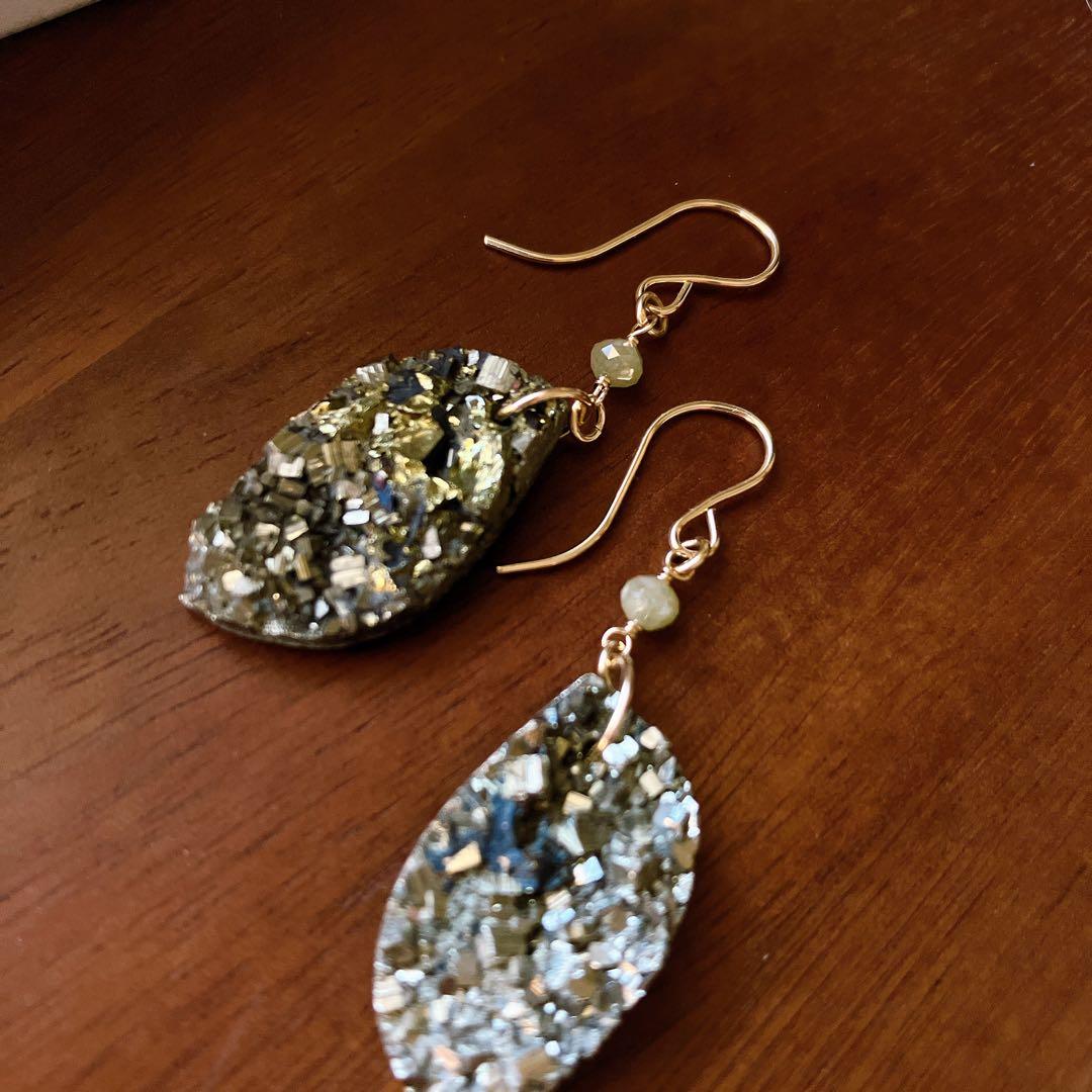 Kaya◆一点物✧パイライト×グレーイエローダイヤモンドピアス✧14kgf