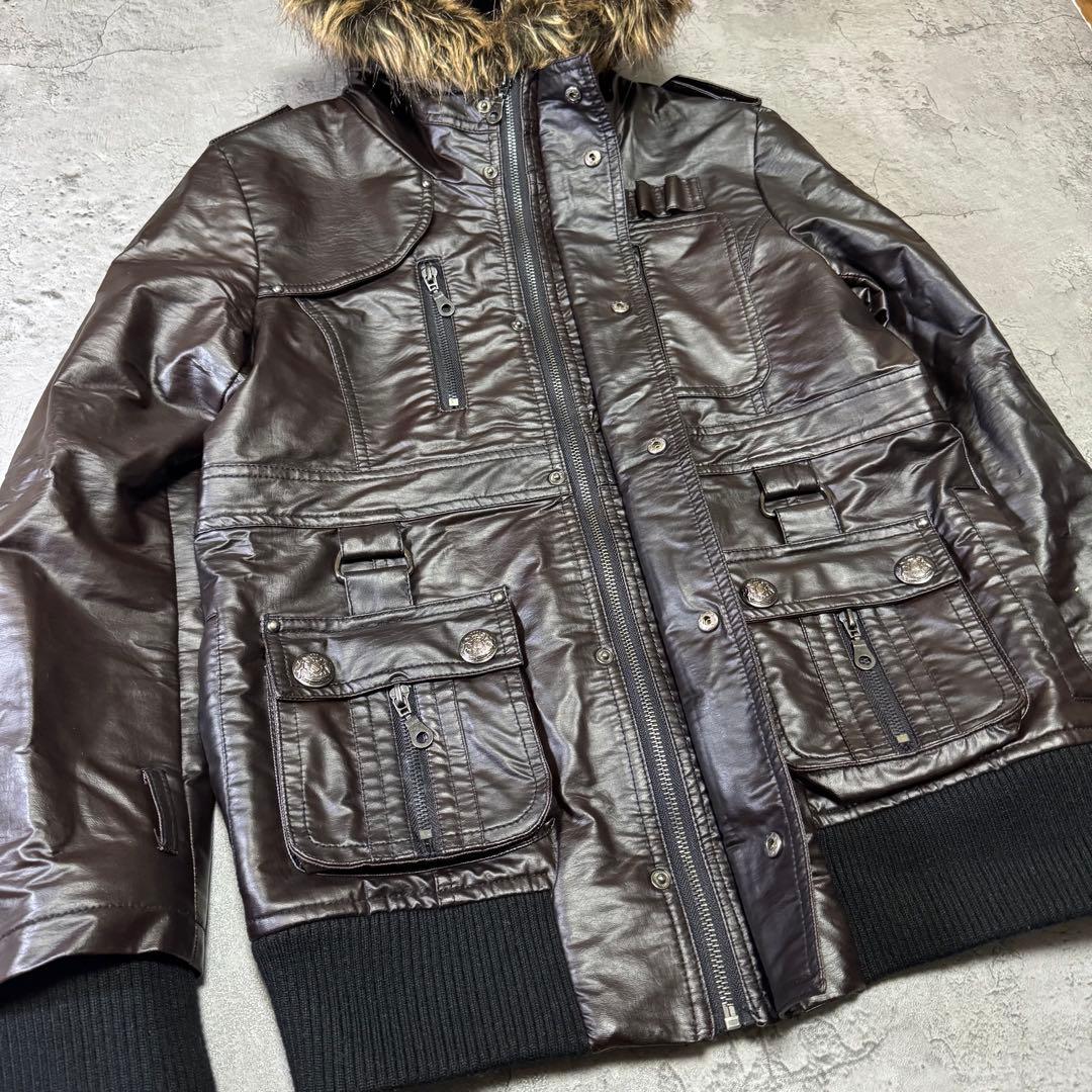 Y2K 短丈 ファー フェイクレザージャケット光沢 平成 お兄系