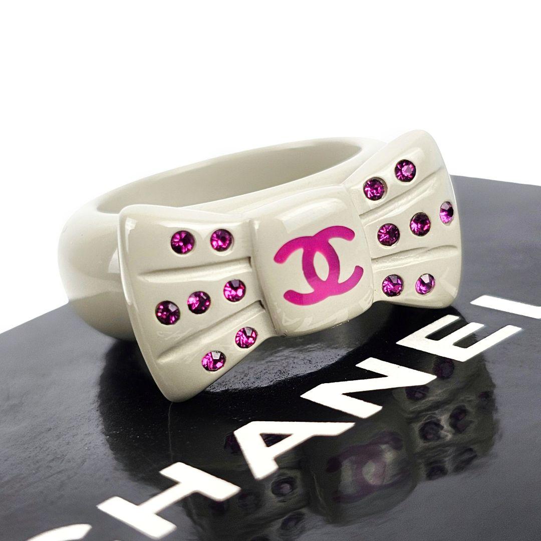 美品 シャネル CHANEL ココ リボン ラインストー リング 指輪