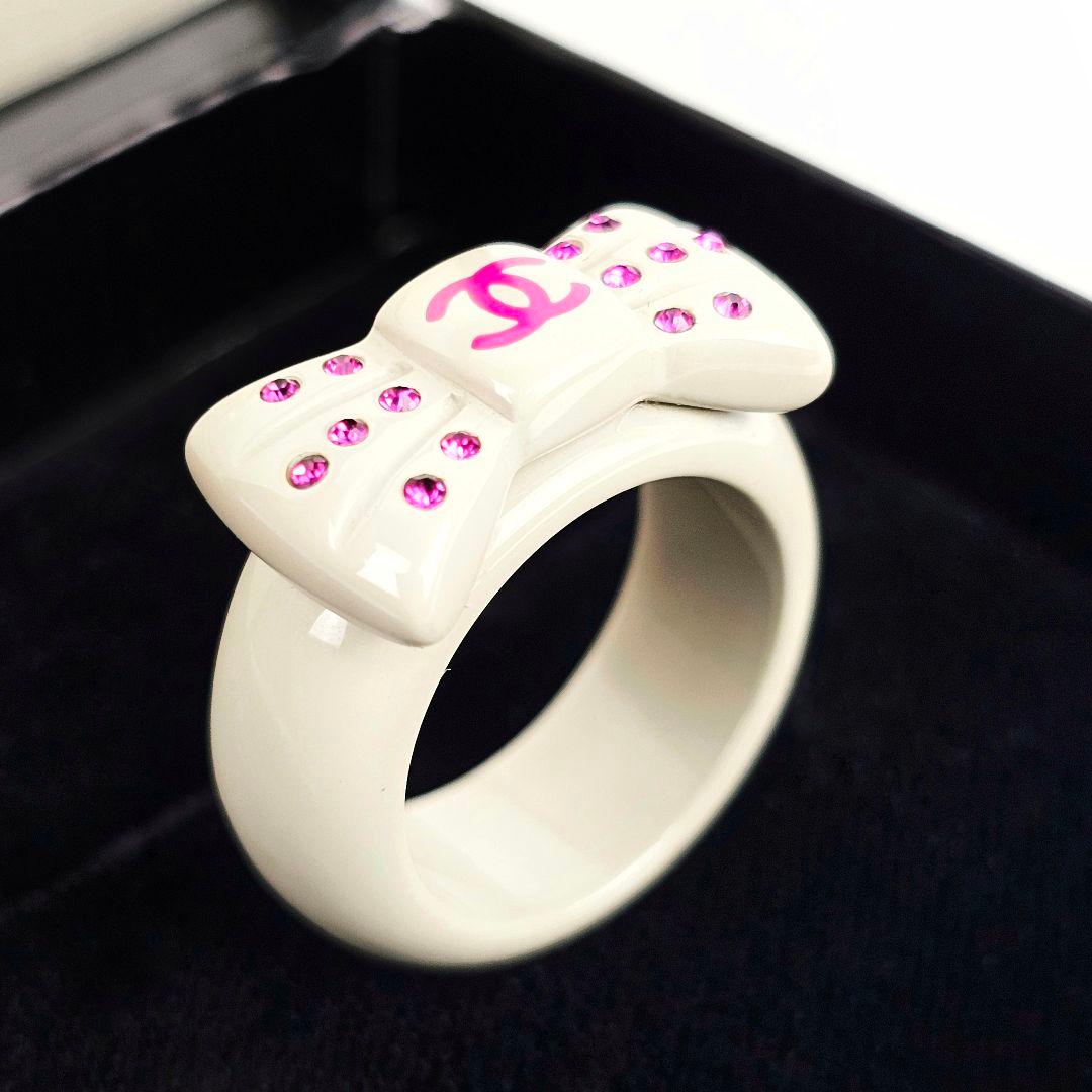 美品 シャネル CHANEL ココ リボン ラインストー リング 指輪