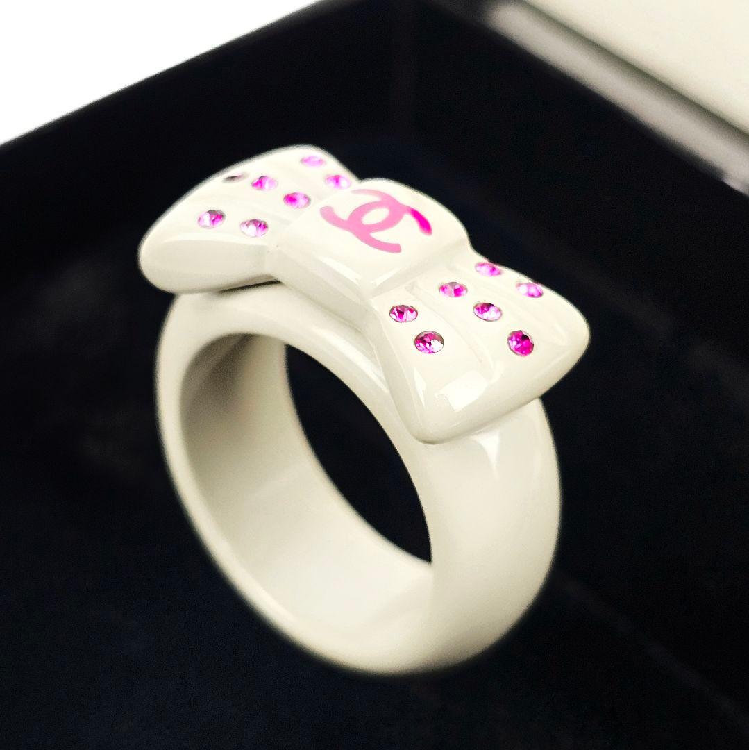 美品 シャネル CHANEL ココ リボン ラインストー リング 指輪