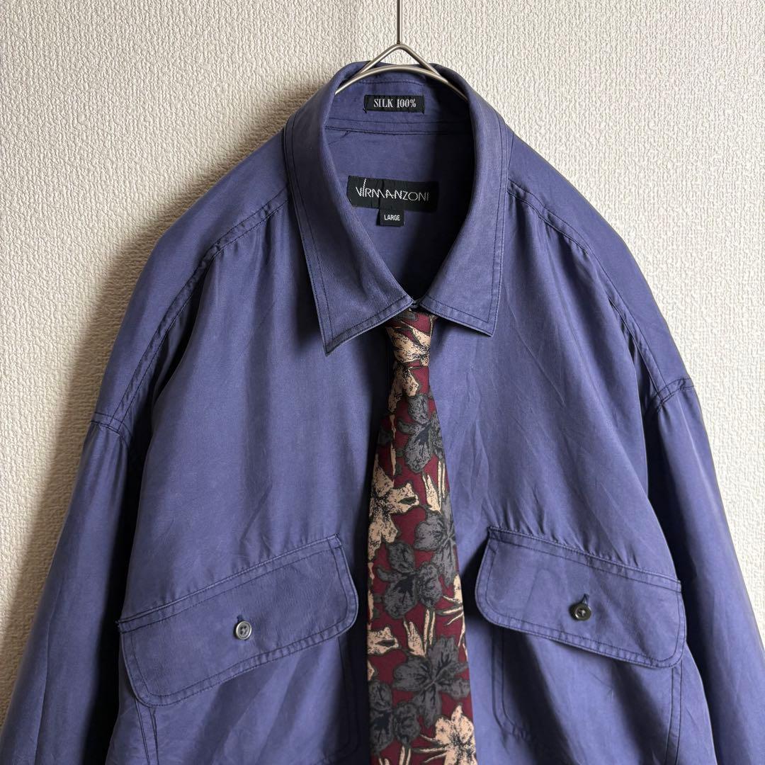 ネクタイシャツスイングトップ　スエード　シルク　ボタニカル　合成皮革切替古着