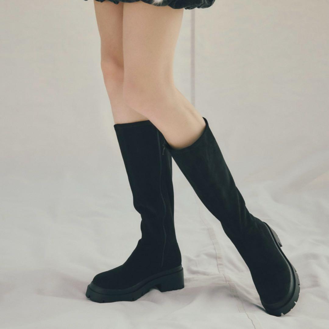 Heather スエード インヒール ブラックスストレッチロングブーツ M