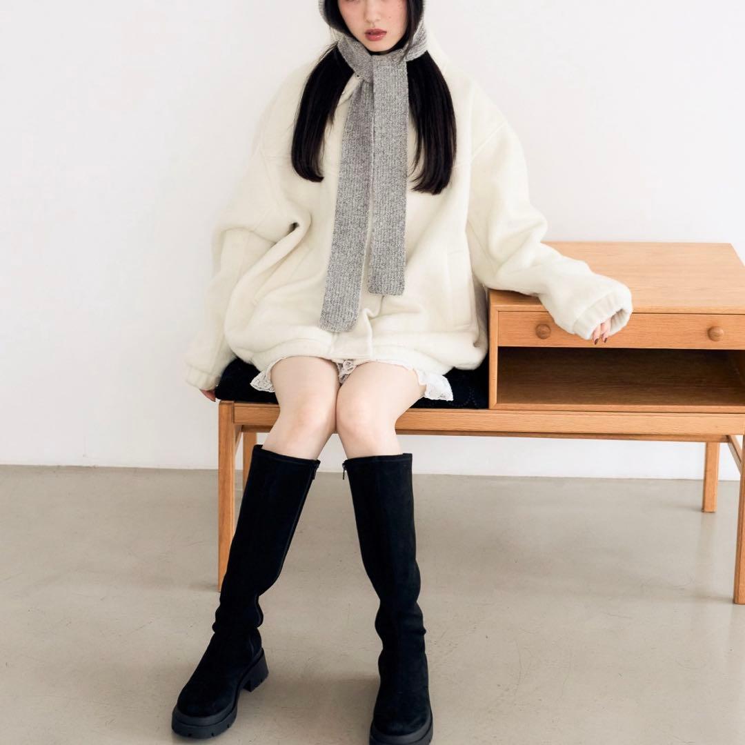 Heather スエード インヒール ブラックスストレッチロングブーツ M