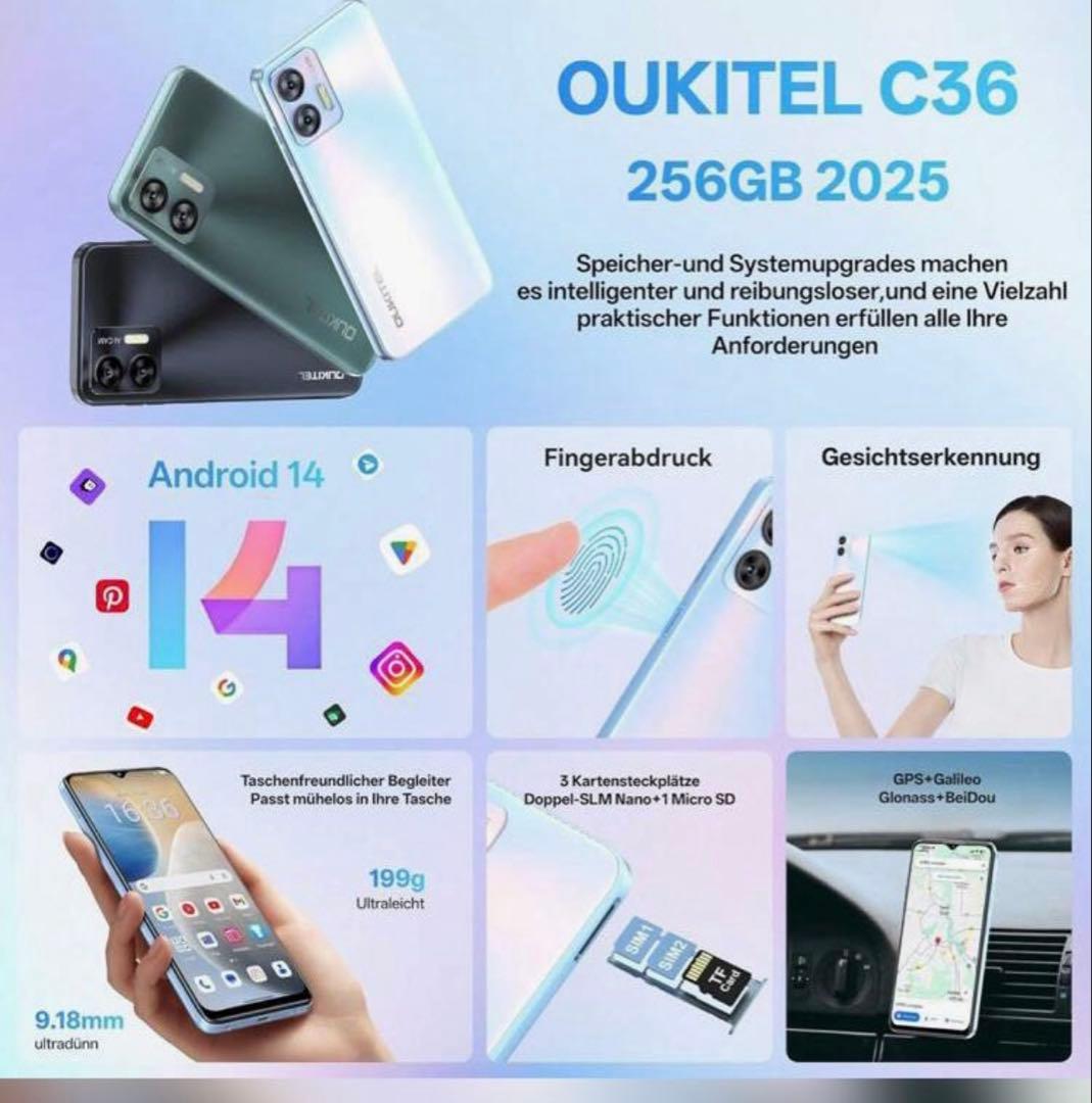 OUKITEL C36 スマートフォン 256GB/1TB Android 14