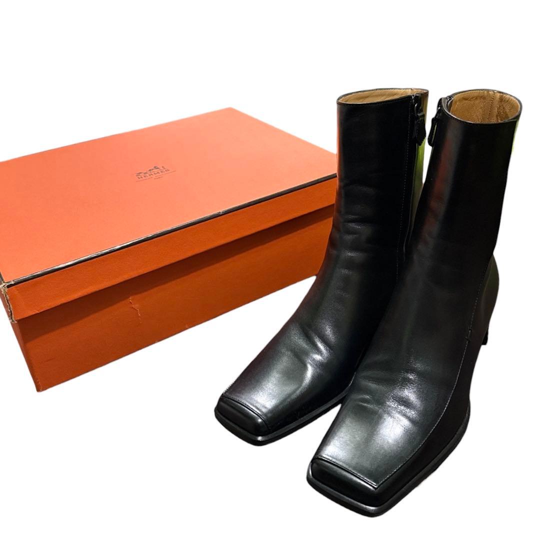 エルメス　黒 レザー スクエアトゥ ロングブーツ　36.5