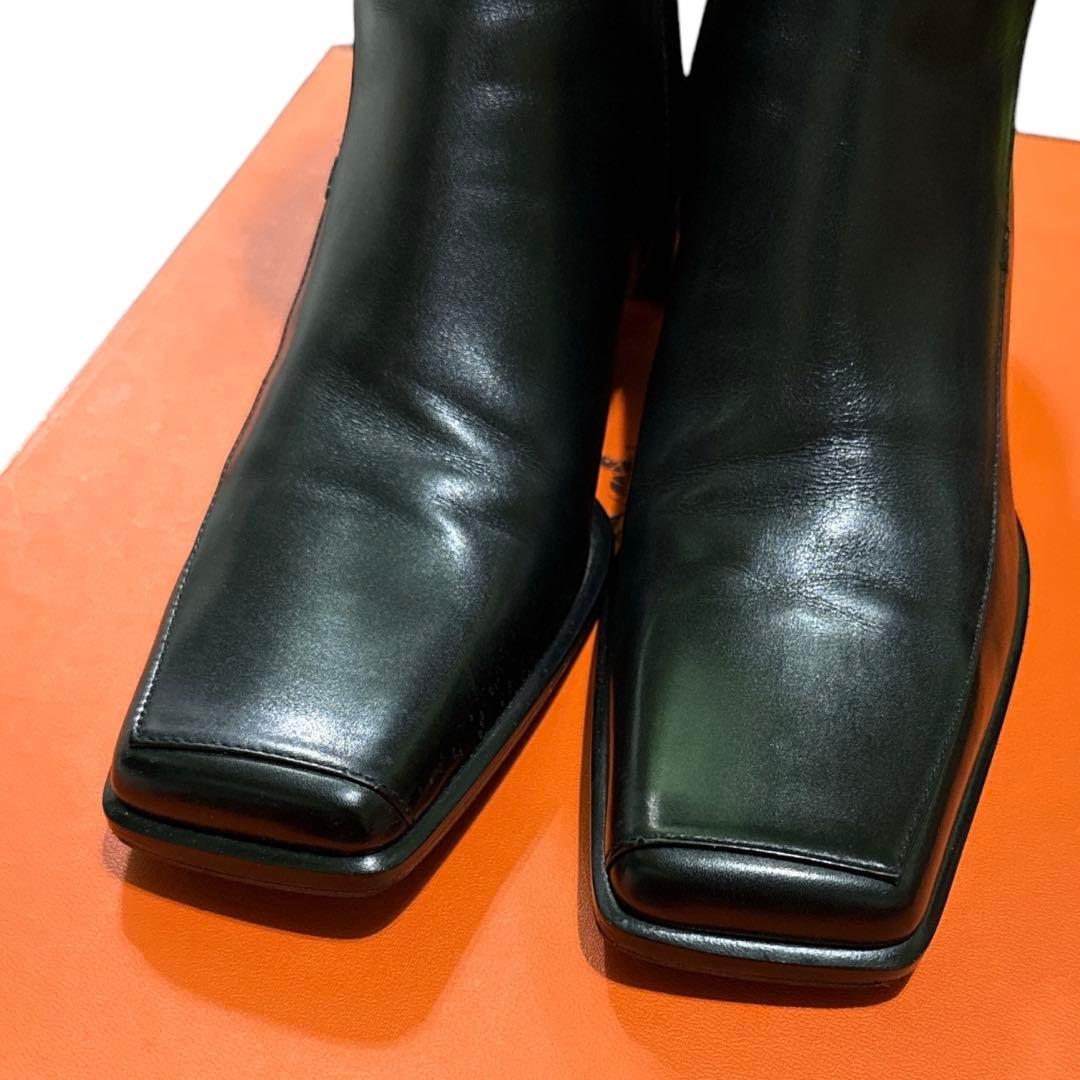 エルメス　黒 レザー スクエアトゥ ロングブーツ　36.5