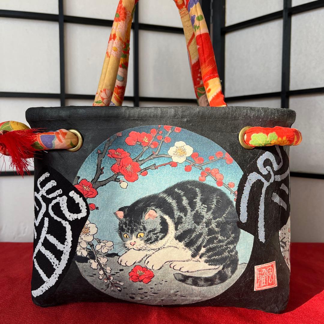 梅と猫 一閑張り バッグ かごバッグ ハンドバッグ 和猫 浮世絵 和柄 市場かご