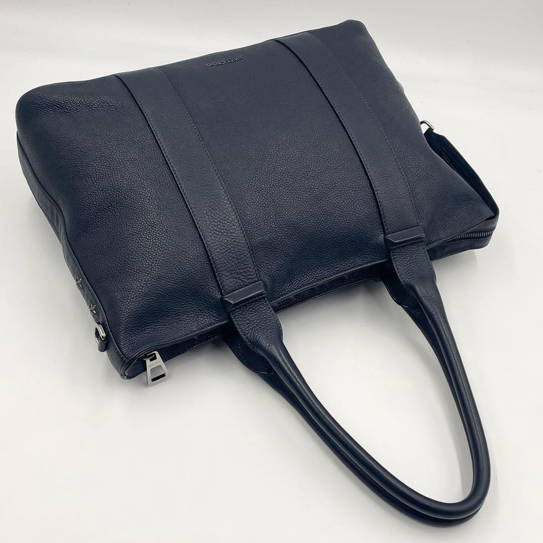 【美品】ジミーチュウ サヴィル スタッズ レザー トートバッグ シボ革 ネイビー