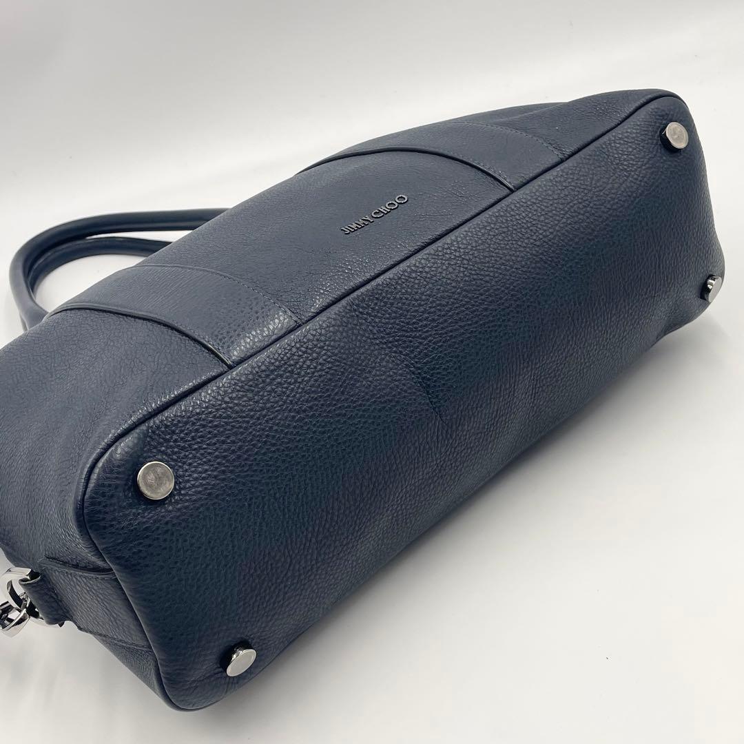 【美品】ジミーチュウ サヴィル スタッズ レザー トートバッグ シボ革 ネイビー
