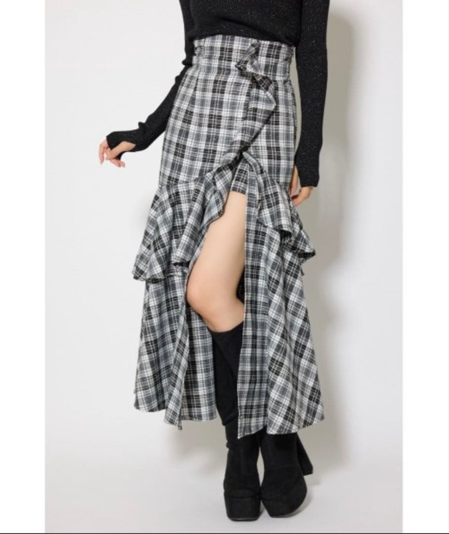 rienda チェックフリルスリットスコートショートパンツ ロングスカート