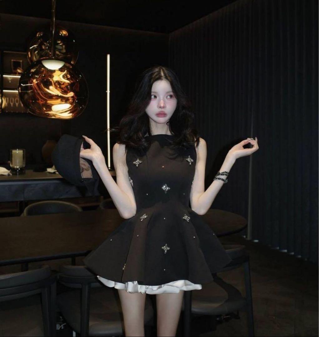 新品タグ付 ダーリッチ ビジューフレアバルーンミニドレス フリー ブラック F