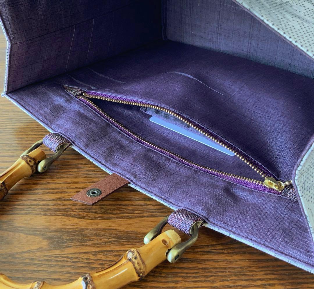 白大島紬 梅に満開の牡丹 リメイク バンブーハンドルバッグ ショッパー風