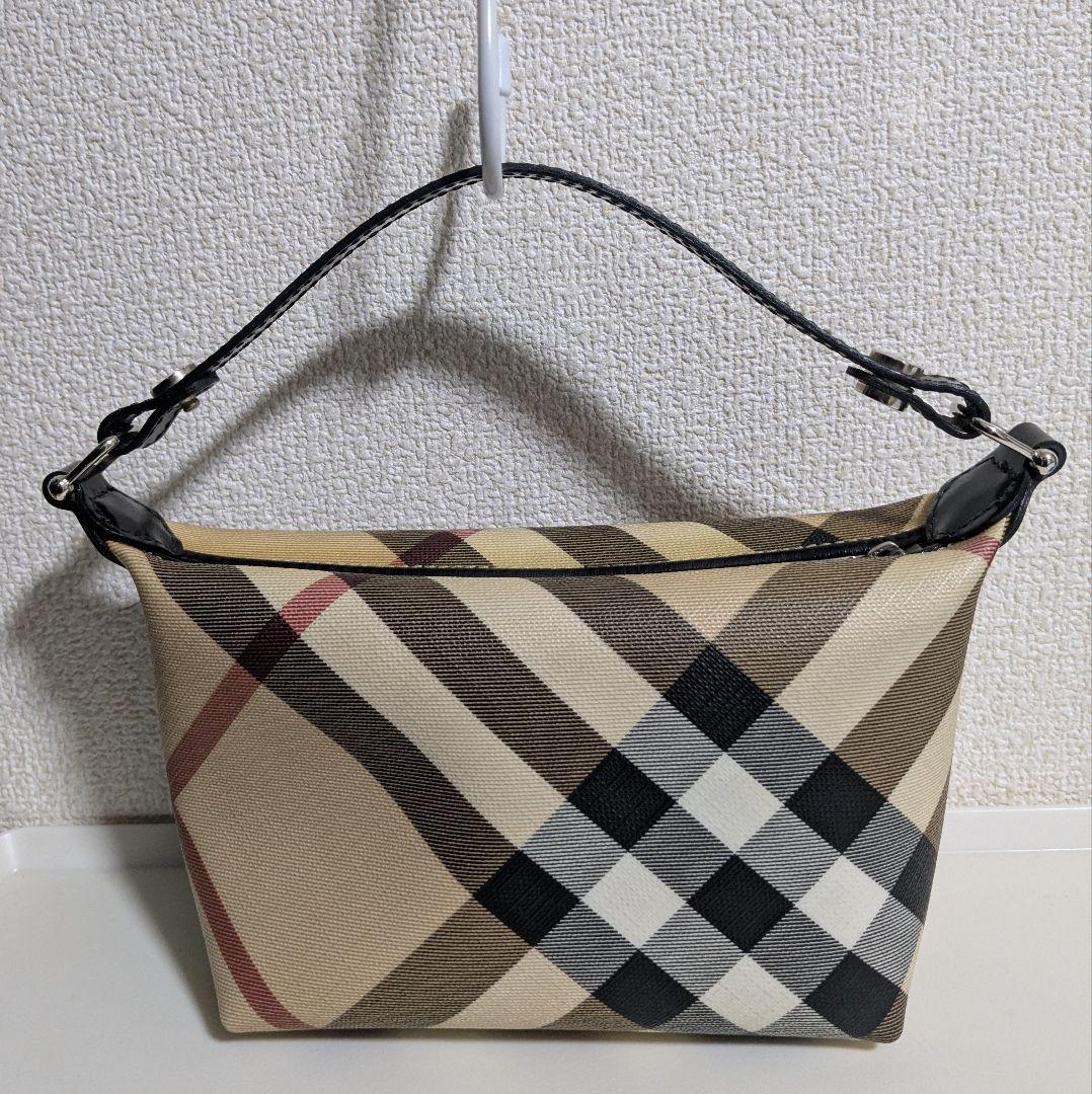 美品★バーバリー ノバチェックポーチ ハンドバッグ ストラップ ブラック レザー