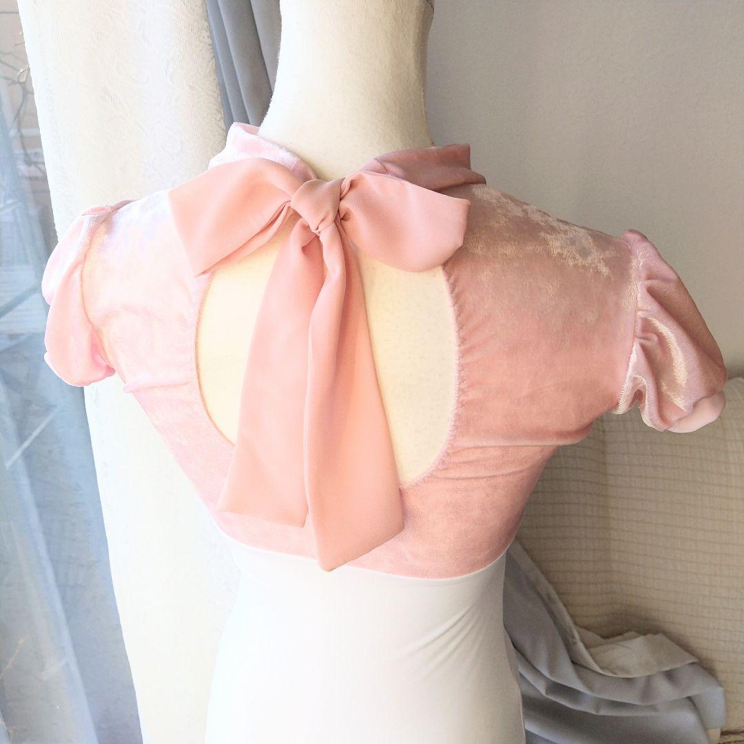 Ｓ～Ｍサイズ／可愛いベビーピンククラッシュベロアのチョーカーリボン娘役レオタード