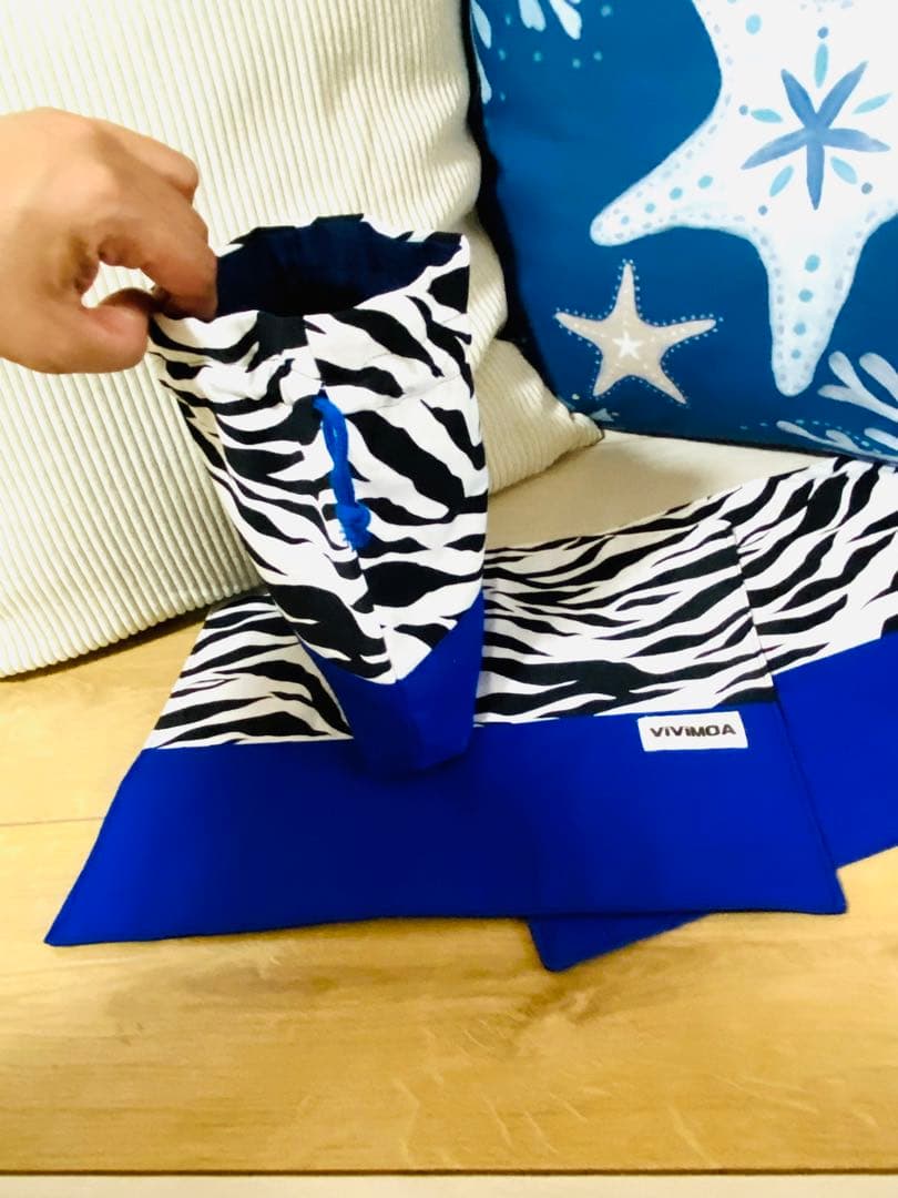 すぴちゃん様　入園入学グッズ　オーダー　ゼブラ×ブルー　バッグ　巾着袋