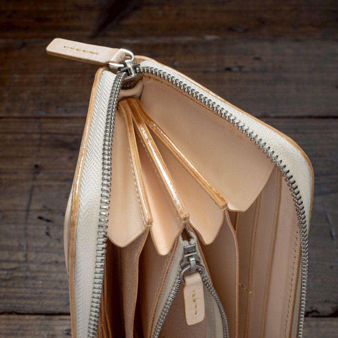 メンズ 本革 フルレザー 長財布 ラウンドファスナー 生成り ハンドメイド