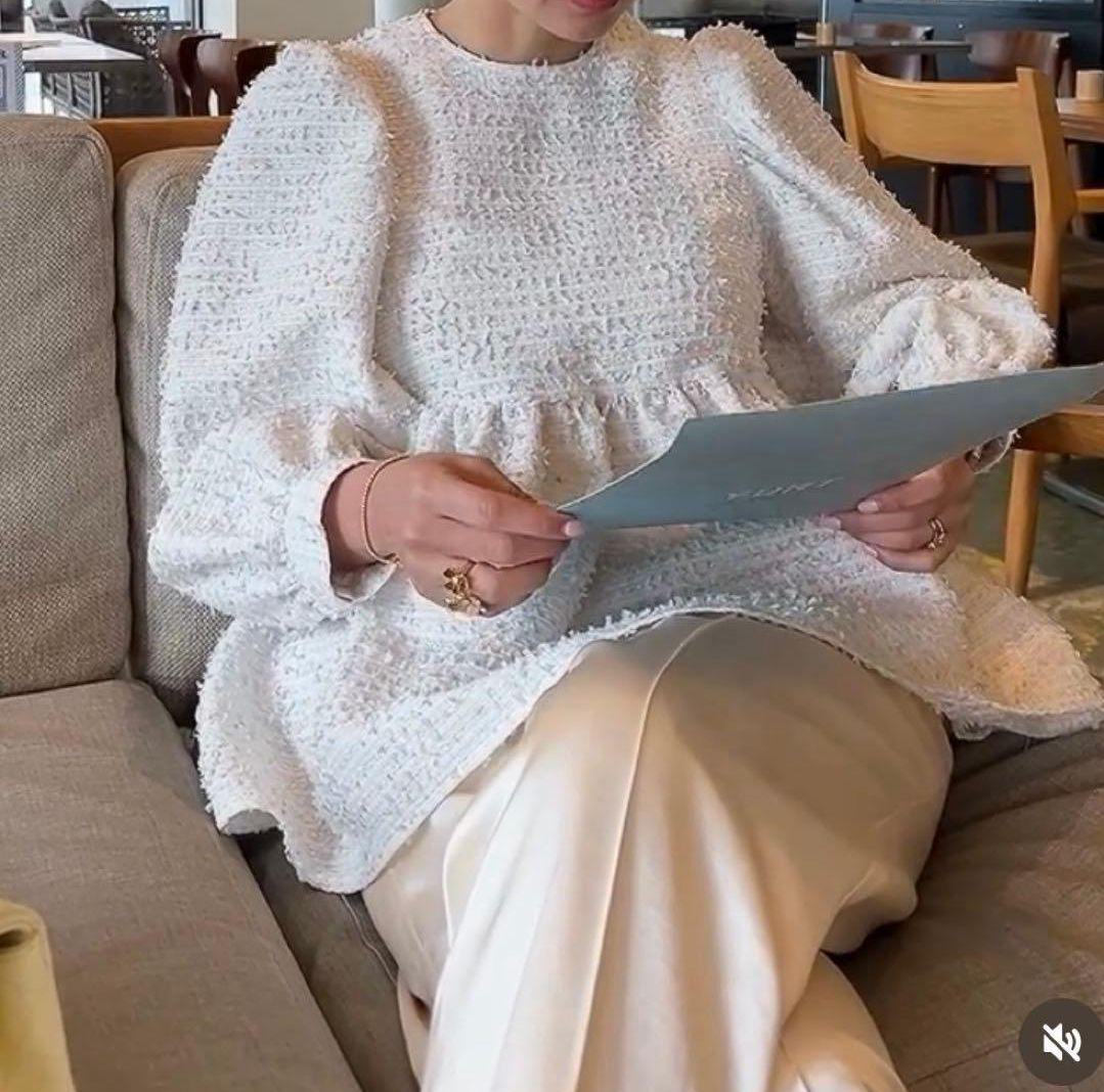 OHGA パターンブラウス　ミックスツイード　白　ツイード