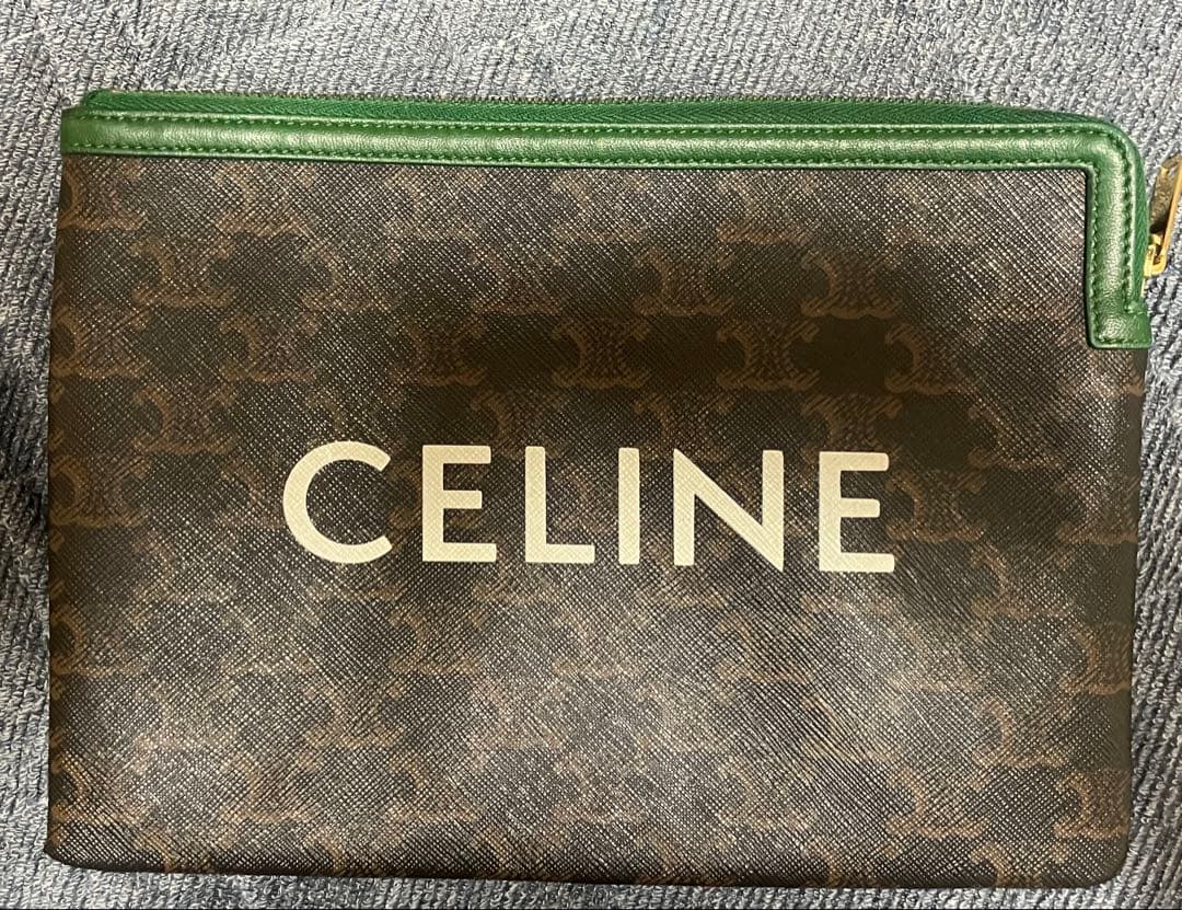れにCELINE ロゴ入り クラッチバッグ ブラウン/グリーン