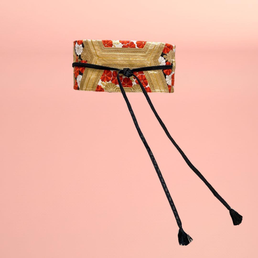 黒赤金花刺繍帯 サッシュベルト W65〜95cm 着物リメイク J80103