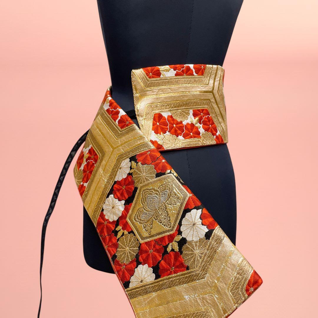 黒赤金花刺繍帯 サッシュベルト W65〜95cm 着物リメイク J80103