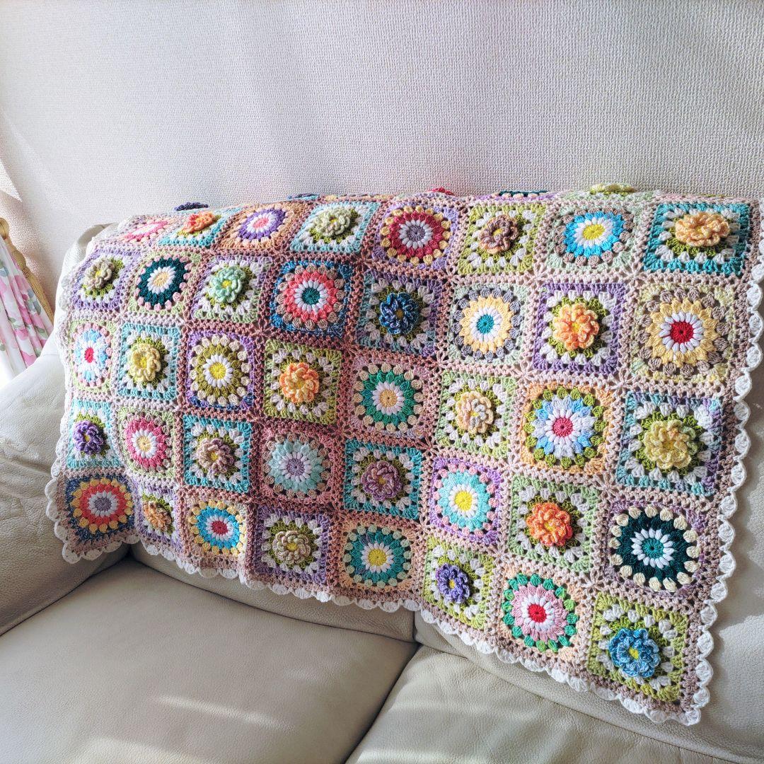 手編みブランケット★お花とおひさまグラニー★グラニースクエア★かぎ針編み