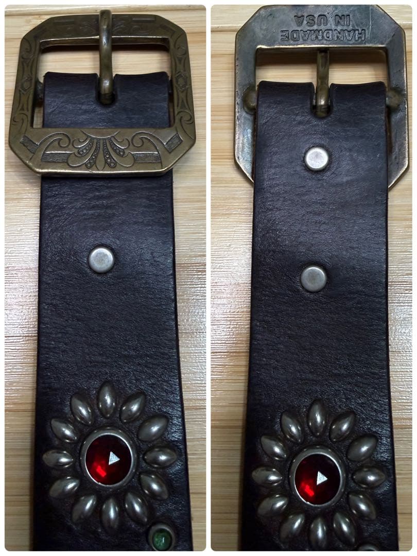 レア⭐️HTC⭐️ヴィンテージバックル&フラワースタッズ⭐️黒革×マルチストーン⭐️34