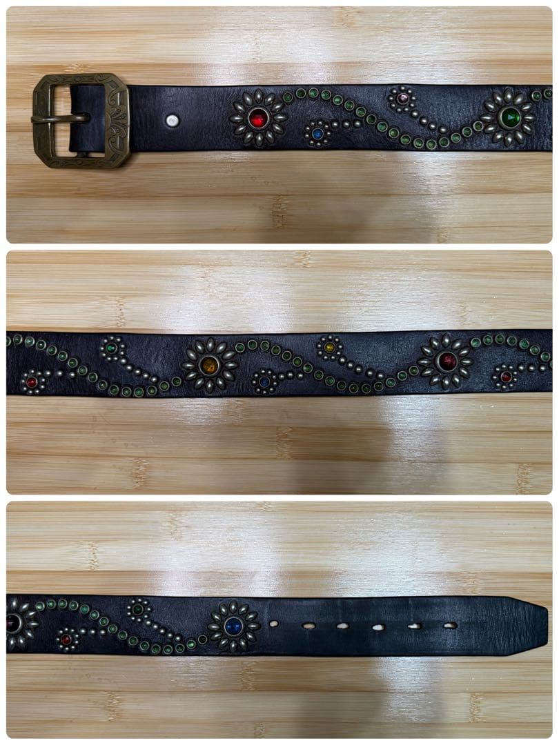 レア⭐️HTC⭐️ヴィンテージバックル&フラワースタッズ⭐️黒革×マルチストーン⭐️34