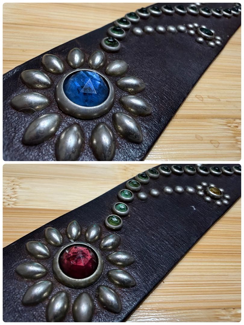 レア⭐️HTC⭐️ヴィンテージバックル&フラワースタッズ⭐️黒革×マルチストーン⭐️34
