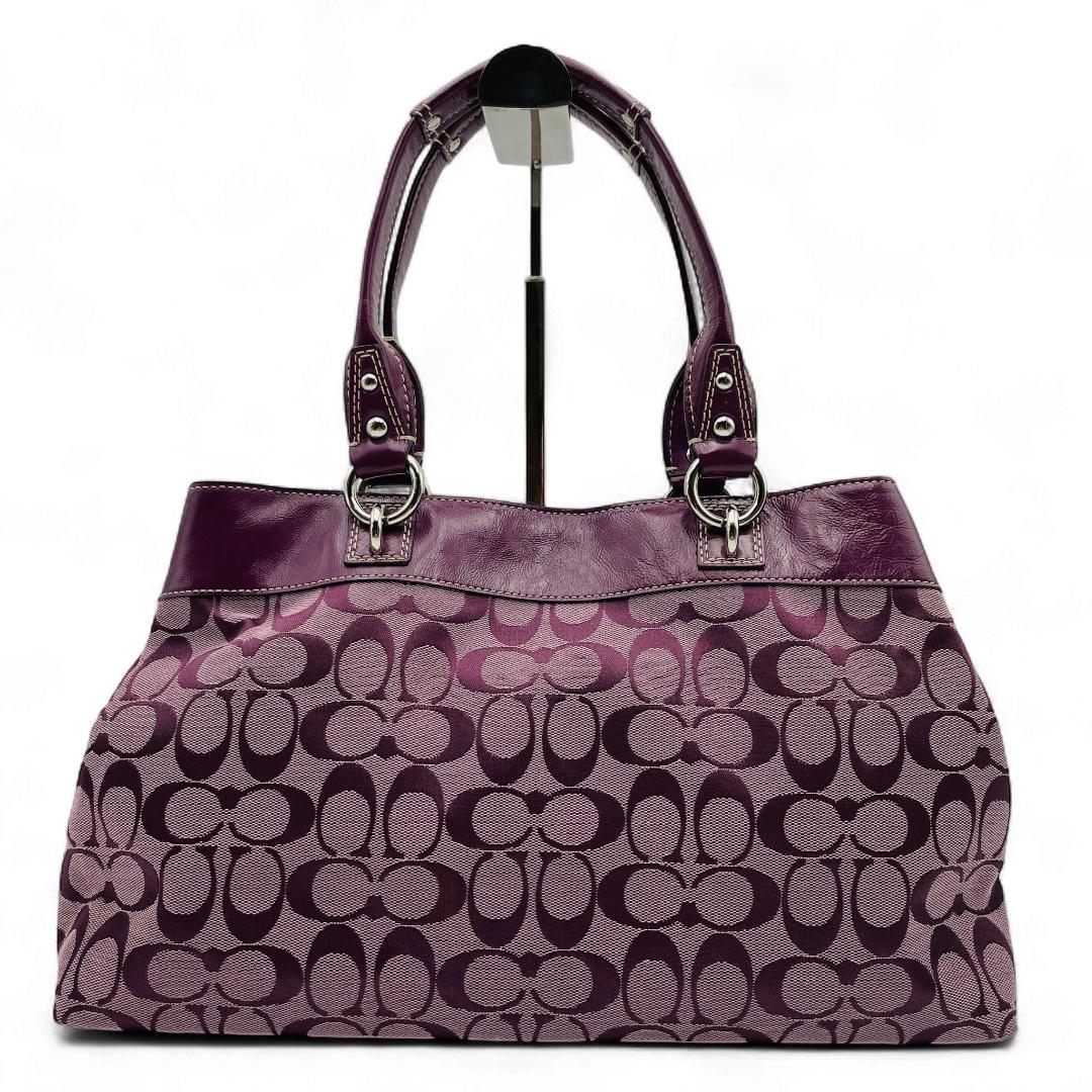 美品 COACH トートバッグ キャンバス レザー パープル シグネチャー