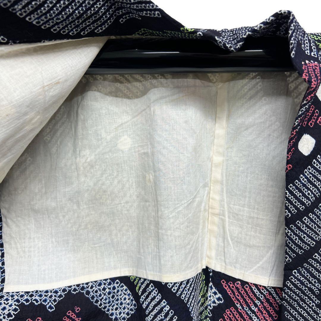 有松鳴海絞り　流水　楓　ネイビー系　着物　043w d