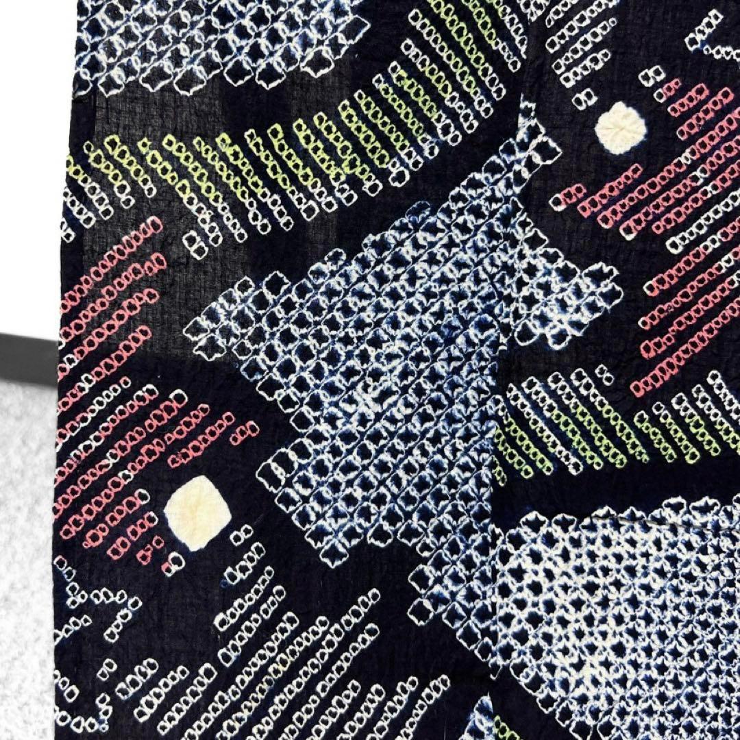 有松鳴海絞り　流水　楓　ネイビー系　着物　043w d