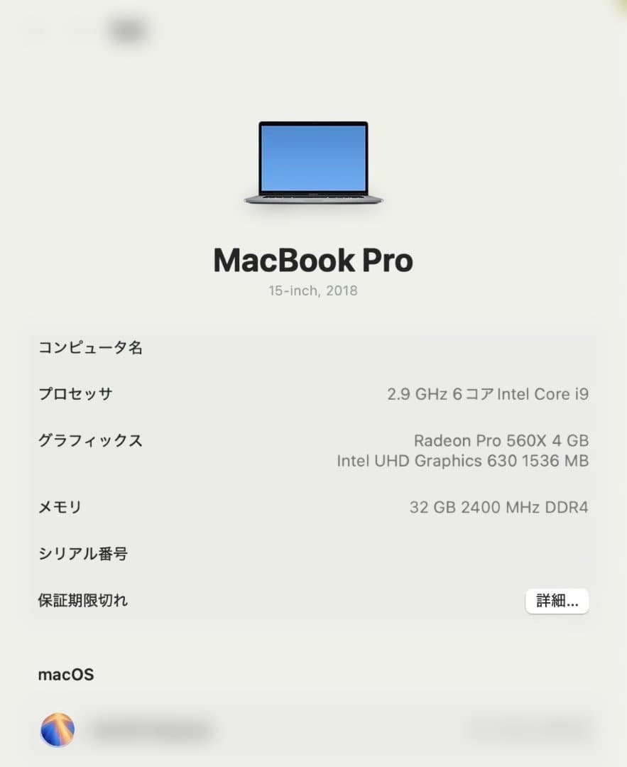 MacBook Pro 2018/Core i9/１TB/32GB/15\"