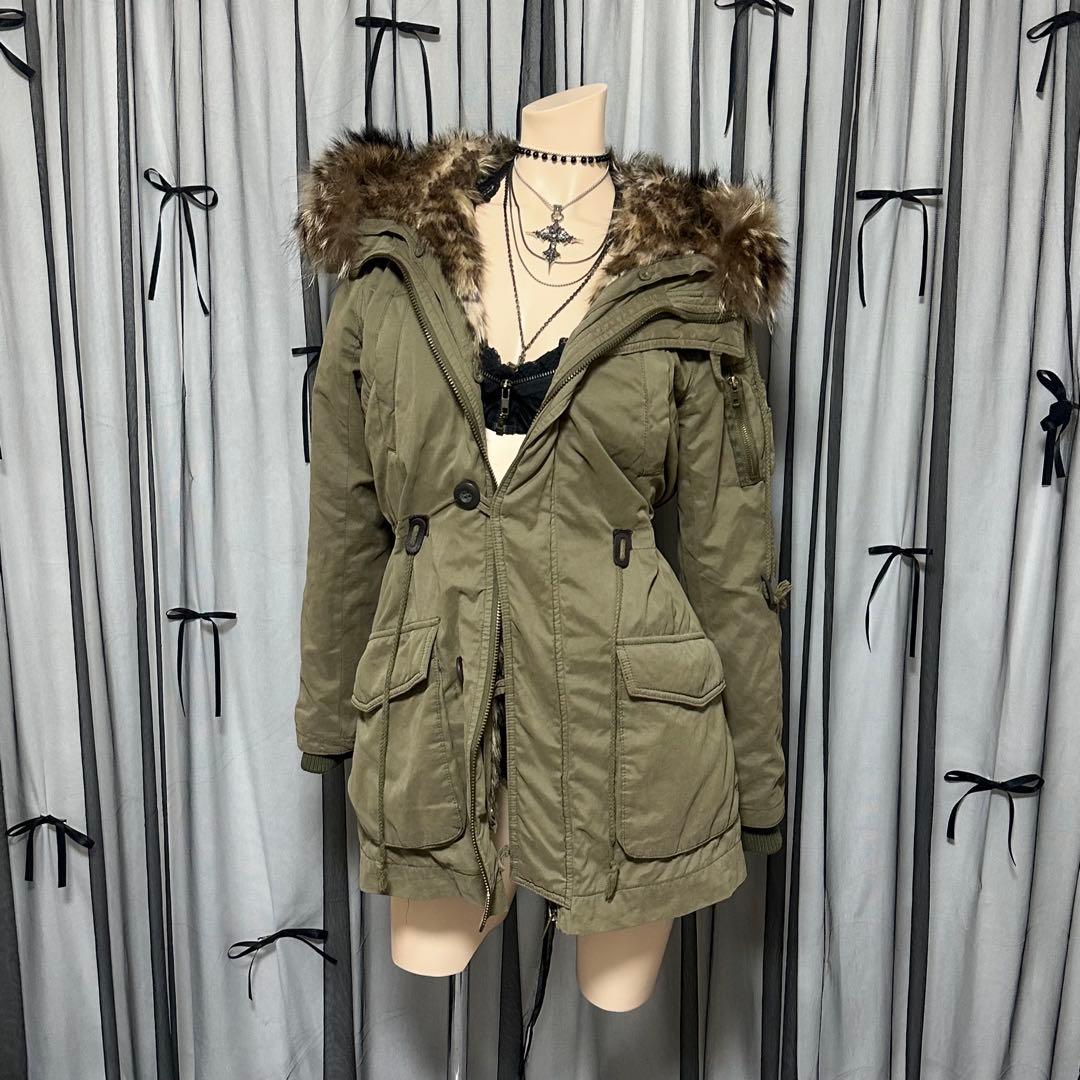 平成ギャル y2k　ヒョウ柄　リアルファー付きミニタリーモッズコート　グランジ