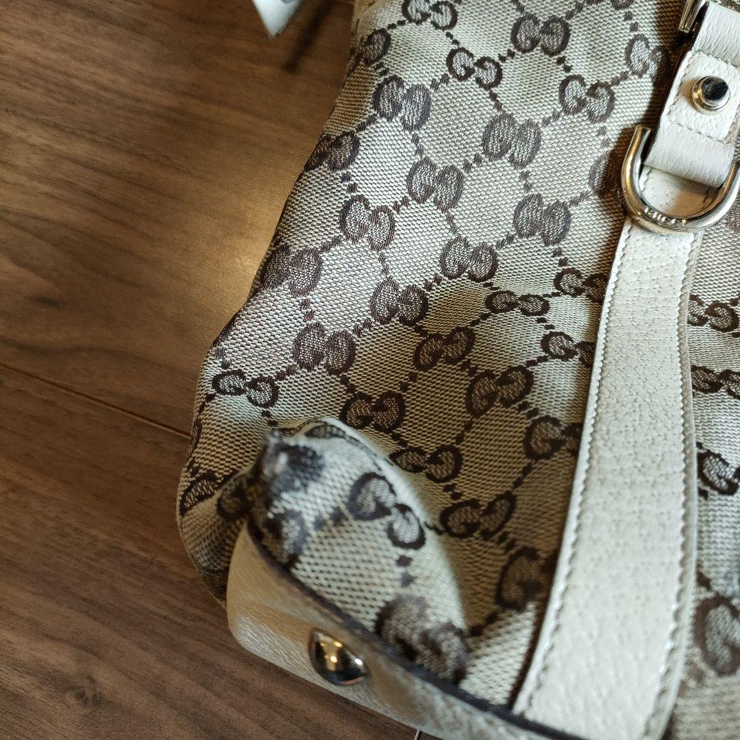 グッチ キャンバス ボストンバッグ ベージュ GG レザー 金具付