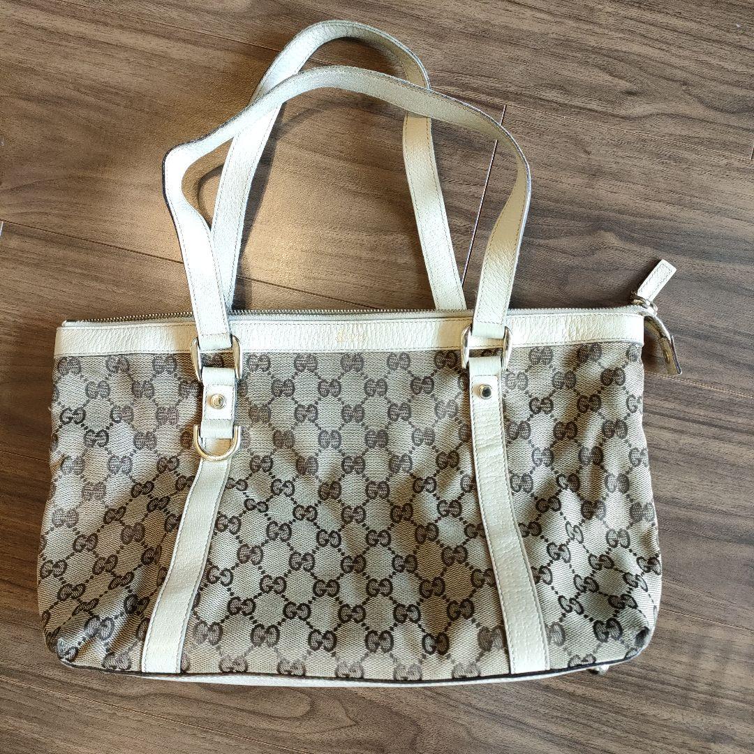 グッチ キャンバス ボストンバッグ ベージュ GG レザー 金具付