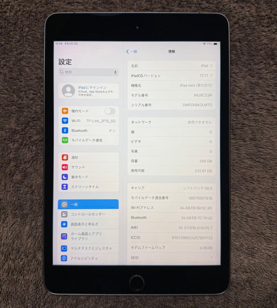w*o様 ●iPad mini 第５世代 Cellularモデル　256GB S