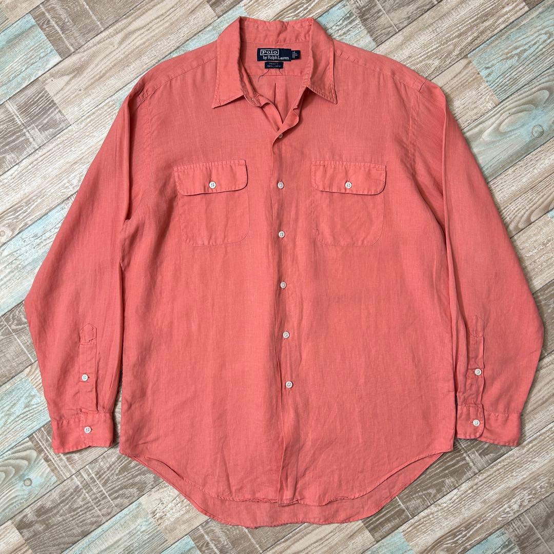 90s ラルフローレン PRATT 長袖シャツ 無地 サーモンピンク リネン L