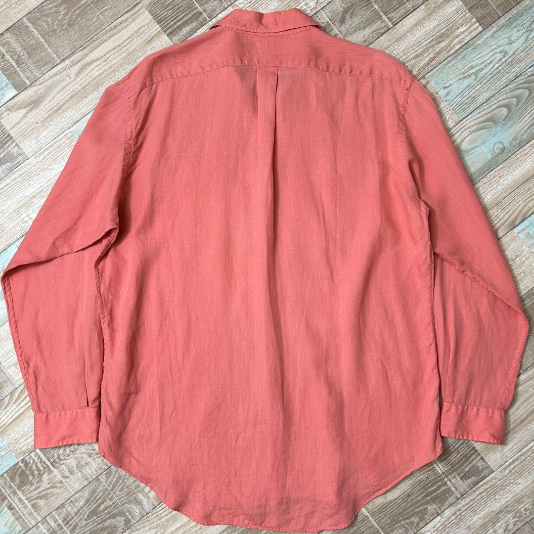 90s ラルフローレン PRATT 長袖シャツ 無地 サーモンピンク リネン L
