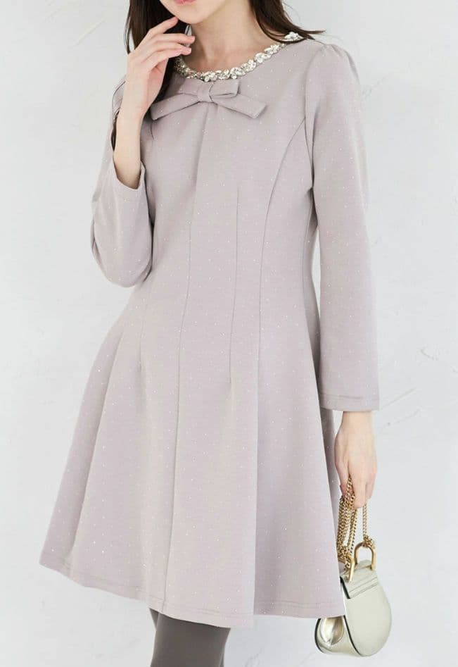 きらきらストーン×ビジュー付きリボンボンディングワンピース　アイスグレー