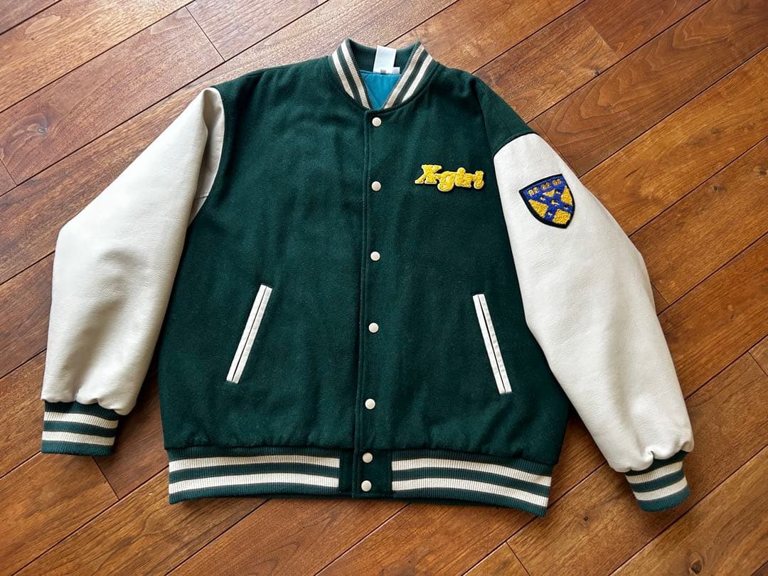 X-girl フェイクレザースタジャン ダークグリーン/ホワイト　Mサイズ